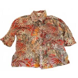 Half Moon Bay Women's Size M Red/Orange Leaf Print Beachy Boho Button-Up Blouse